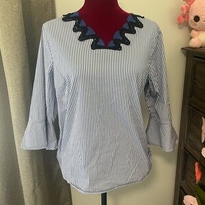 Talbots Blue and White Ruffled Blouse with 3/4 Sleeves